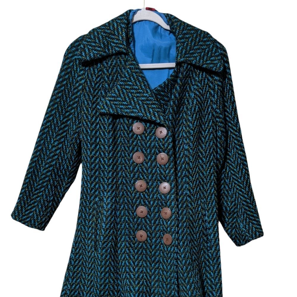 Vintage unbranded wool double breasted herringbone car coat S/M swing multicolor